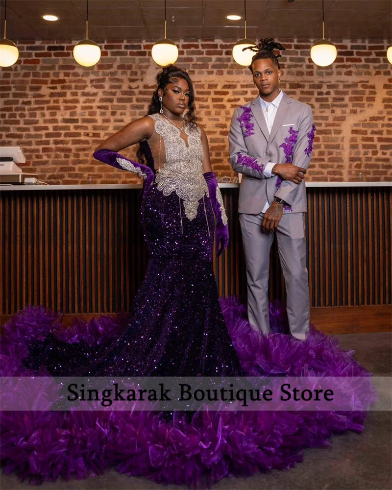 New Purple Diamonds Prom Dress With Two Gloves Glitter Bead Crystal Tassels Sequins Gown Birthday Party Dress Customized image 2