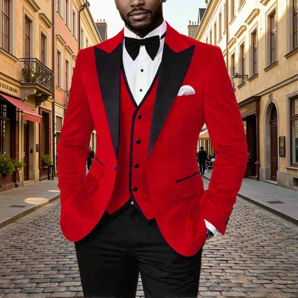 

Slim Fit Men's Suits Red Velvet Wedding Groom Tuxedos For Prom 3 Pieces Male Outfits Fashion Suit Jacket Vest Pants
