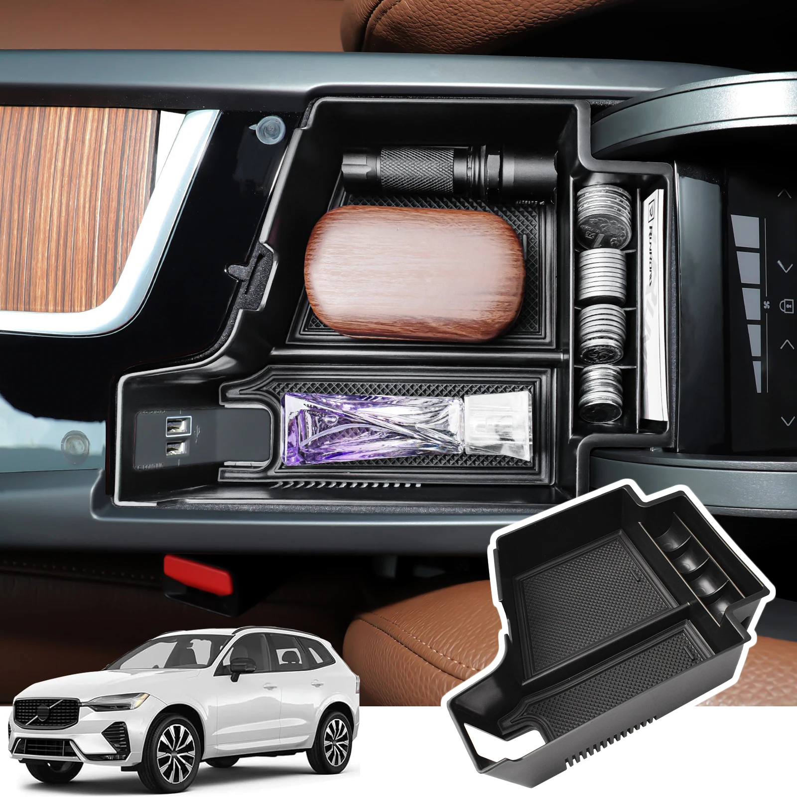 

For 2023 2024 XC60 XC90 S90 V90 2018-2024 Center Console Organizer Tray Car Storage Armrest Box Accessories ABS Interior Car Box