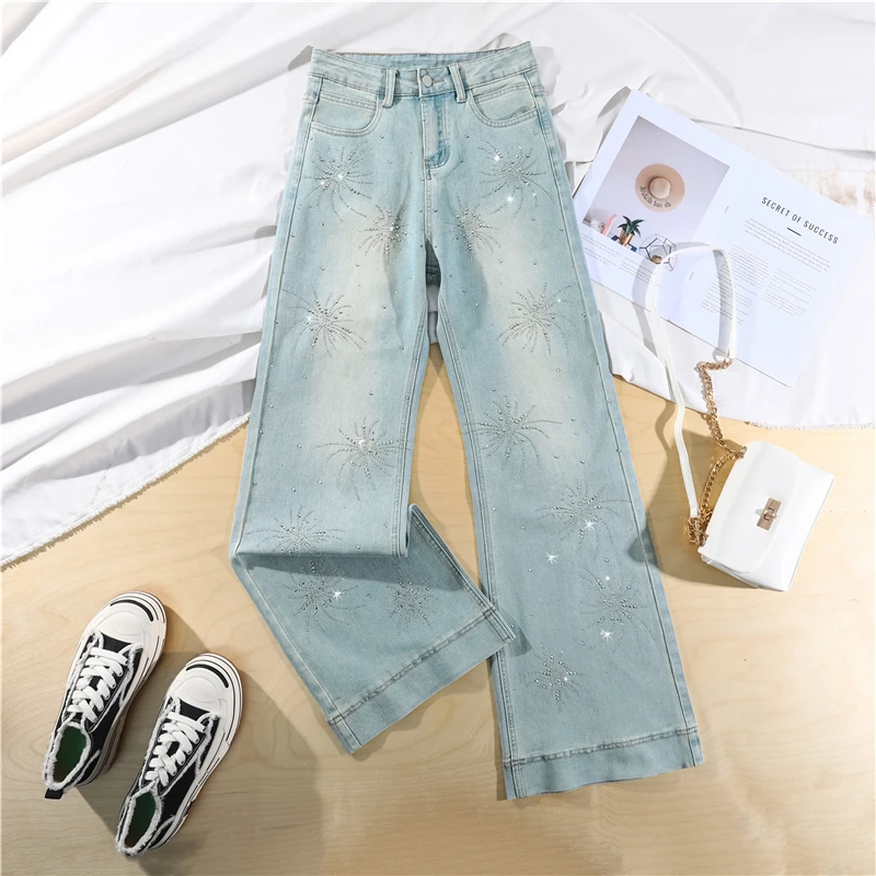 New Women's Shiny Firework Rhinestone Micro Flare Jeans Soft Comfortable Non-Sticky Pants Slimming Versatile Denim Trousers