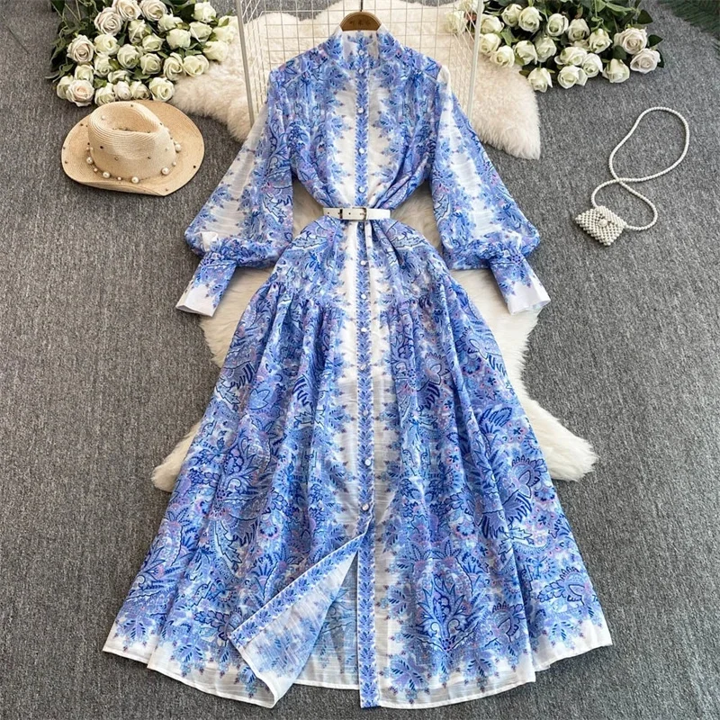 فستان طويل أنيق بطبعة زهور ورقبة عالية وألوان متباينة وأكمام قميص بحزام - فستان ماكسي أنيق للسيدات لفصل الربيع