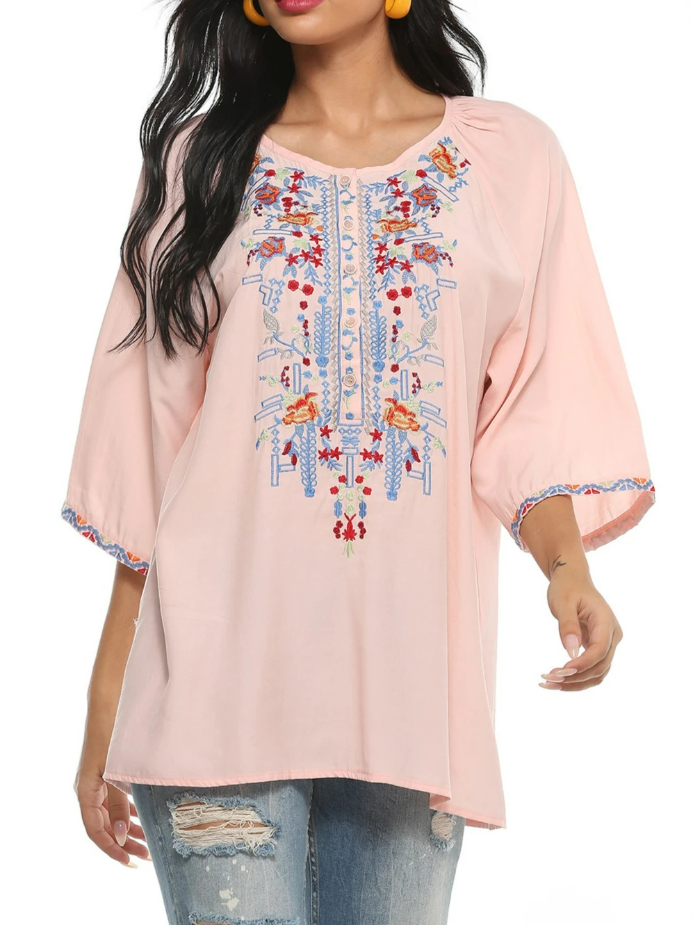 

Vintage Boho Embroidery Blouses Shirt Spring Autumn Women Mexican Zapotec Pink Long Flare Sleeve 23xl Ethnic Ladies Tops New