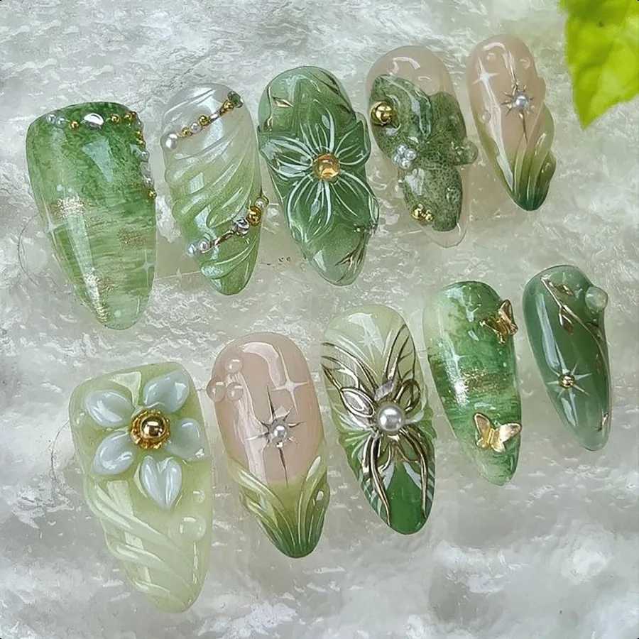 

30Pcs Green Pr on Nails Medium Almond Fake Nails with 3D Pearl Gold Beads Designs Stick on Nails 3D Flower Butterfly False Nail