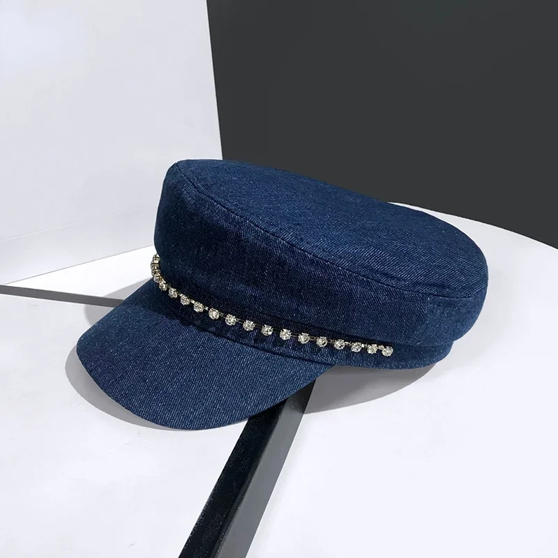 New Fashion Rhinestone Chain Beret Hat Women British Retro Cowboy Newsboy Hat Flat Top Korean Version Wild Cap