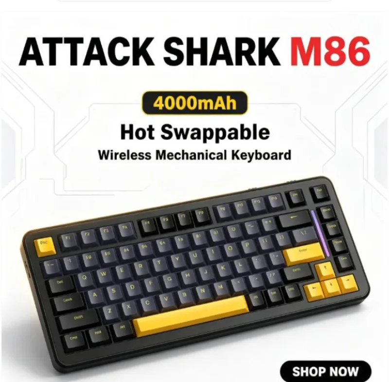 Attack Shark M86 75% Tri-Mode Wireless Mechanical Keyboard, 82 Keys RGB Gasket Hot Swappable 4000mAh Large battery PC Peripheral