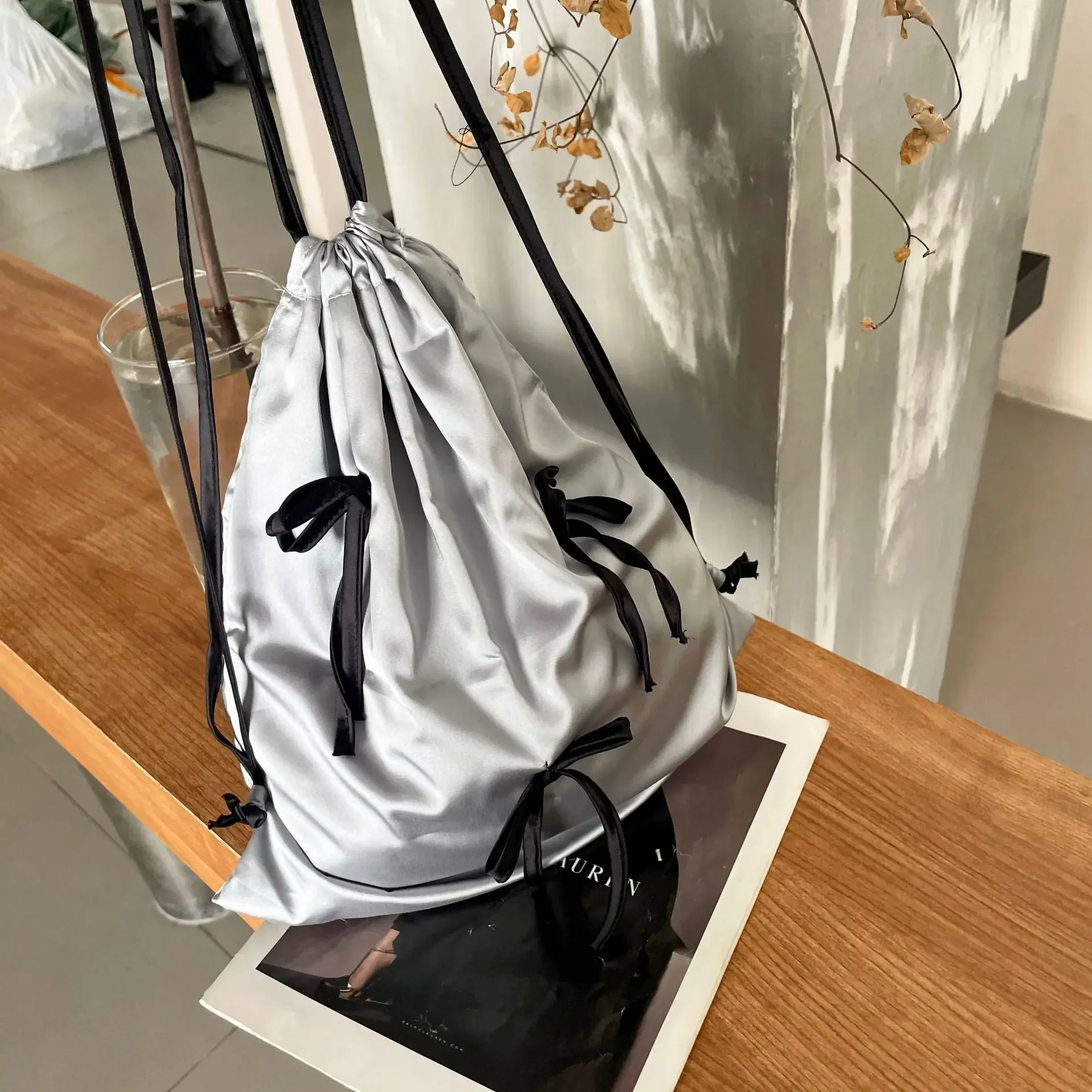 LEFTSIDE Silk Drawstring Backpack Strap Design 2023 Winter Korean Fashion Backpacks Lady Big Back Pack