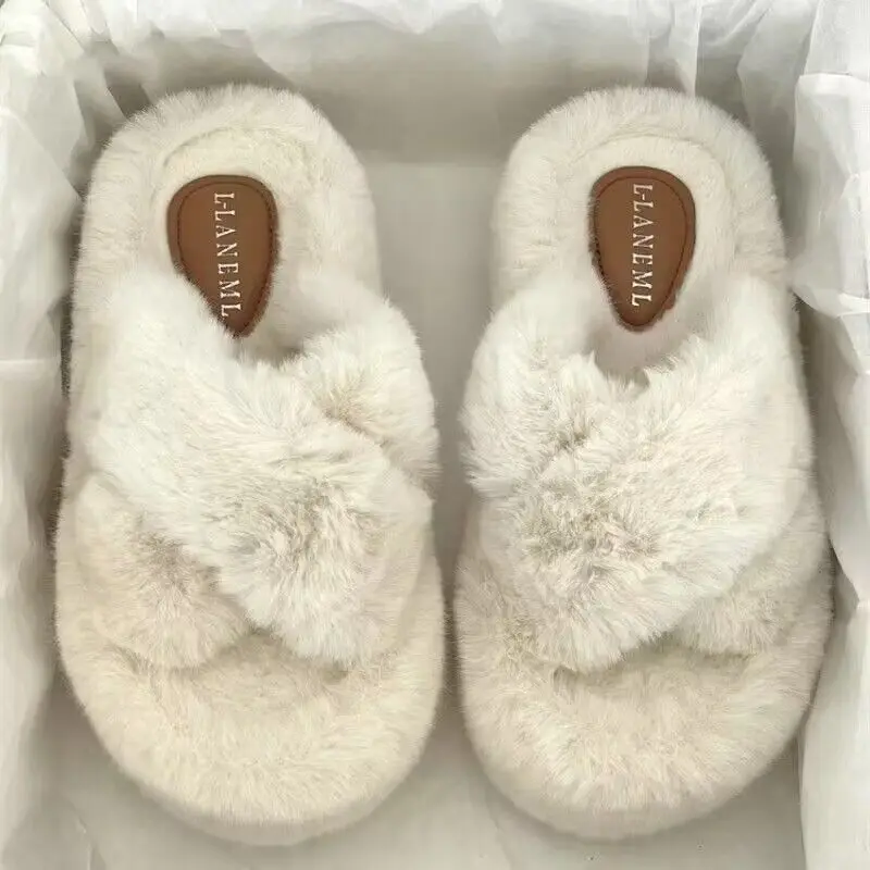 

Woman Furry Ladies Faux Fur Luxury Fluffy Plush Slipper House Fuzzy Girl Platform Indoor Flat Casual sandals Round Toe Winter