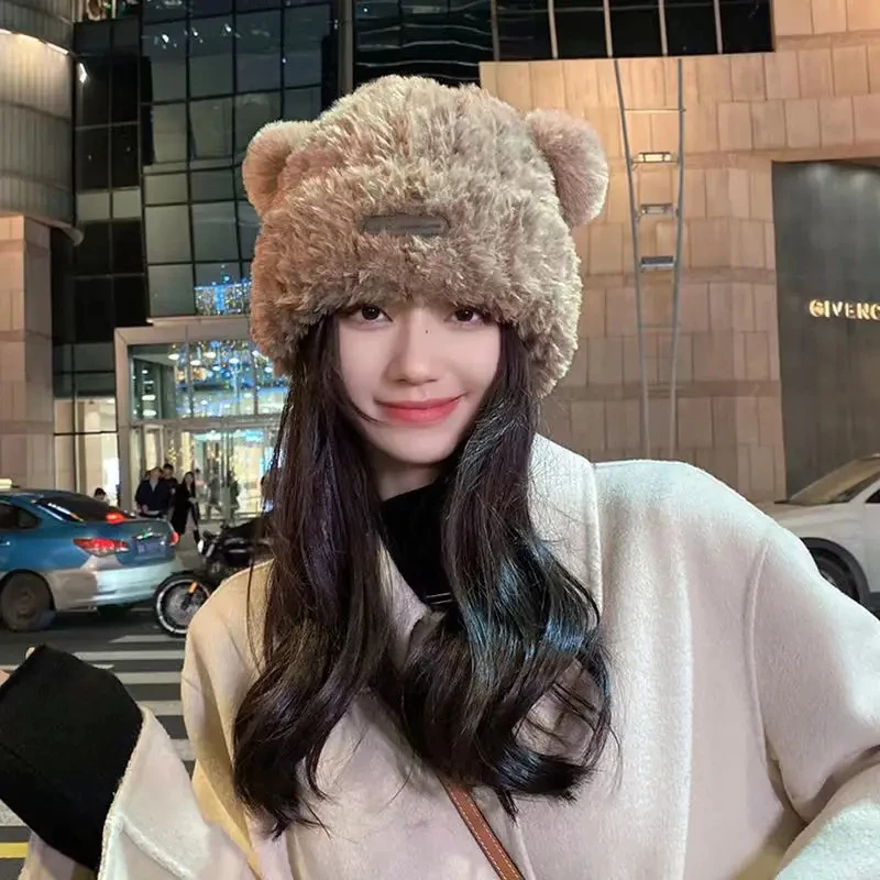 Bear Ears Plush Beanies Hat Winter Cute Warm Thickened Knitted Cap Sweet Versatile Ear Protection Women's Cycling Hats 2025 New