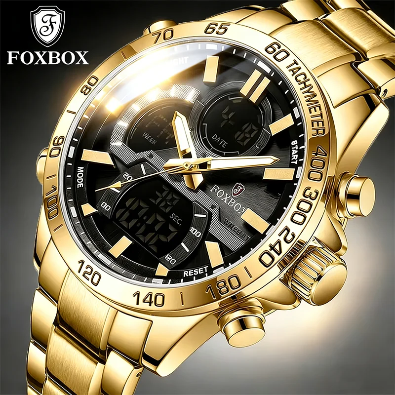 

Мужские роскошные часы FOXBOX, многофункциональные водонепроницаемые цифровые часы с LED-дисплеем, двойным отображением времени, кварцевые часы, Reloj Hombre + коробка