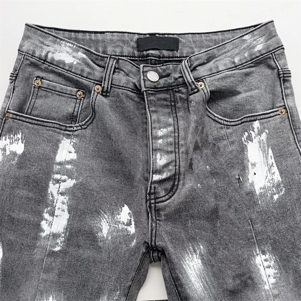 Men Jeans Fashion American High Street Retro Wash Distressed Splashing ink graffiti Low Rise Elastic Skinny Ripped patch Jeans