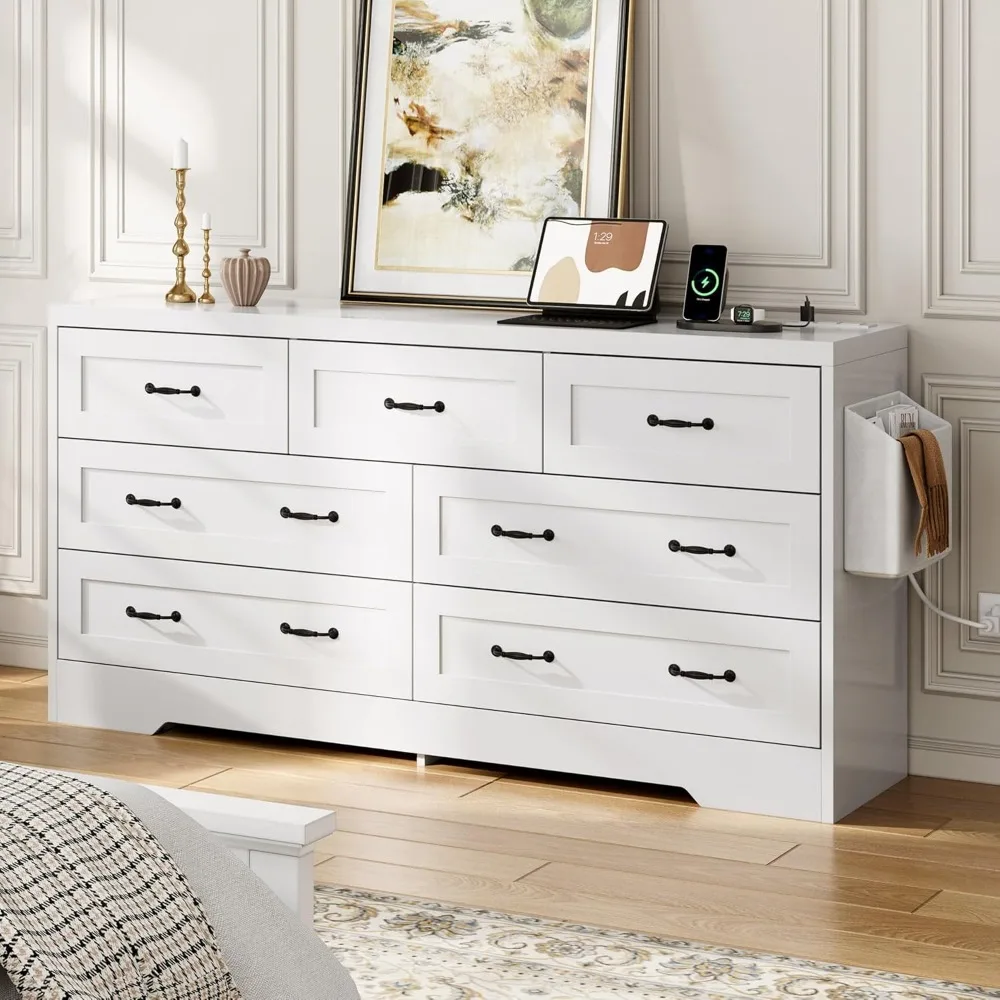 

7 Drawer Dresser for Bedroom 59.5 Inch Large Modern Dresser TV Stand with Drawers Storage Dressers with Power Outlets