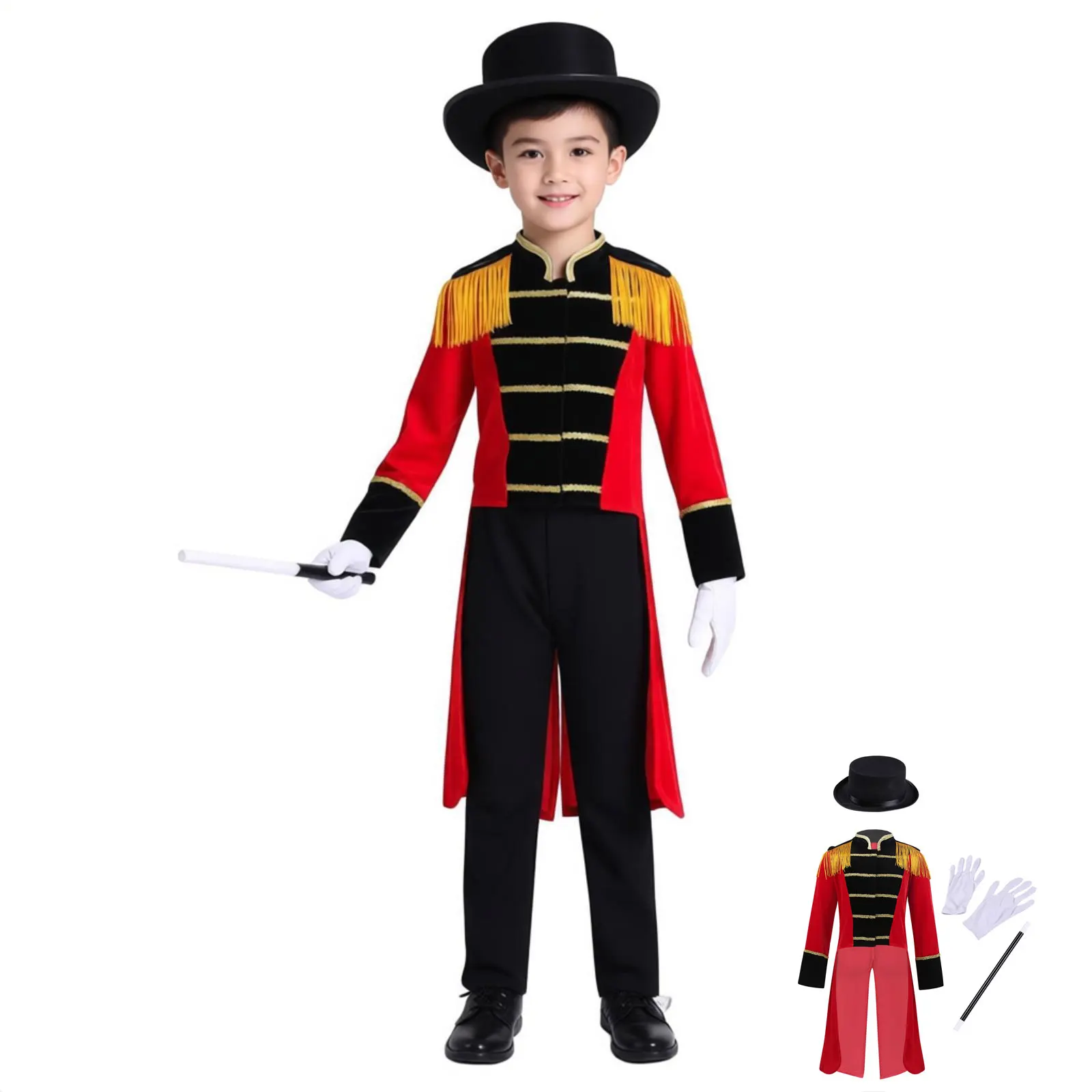 Costume de cosplay de maître de cérémonie de cirque pour garçons et filles, tenue de performance d'Halloween, frac à manches longues avec pompons, chapeau, baguette magique et gants