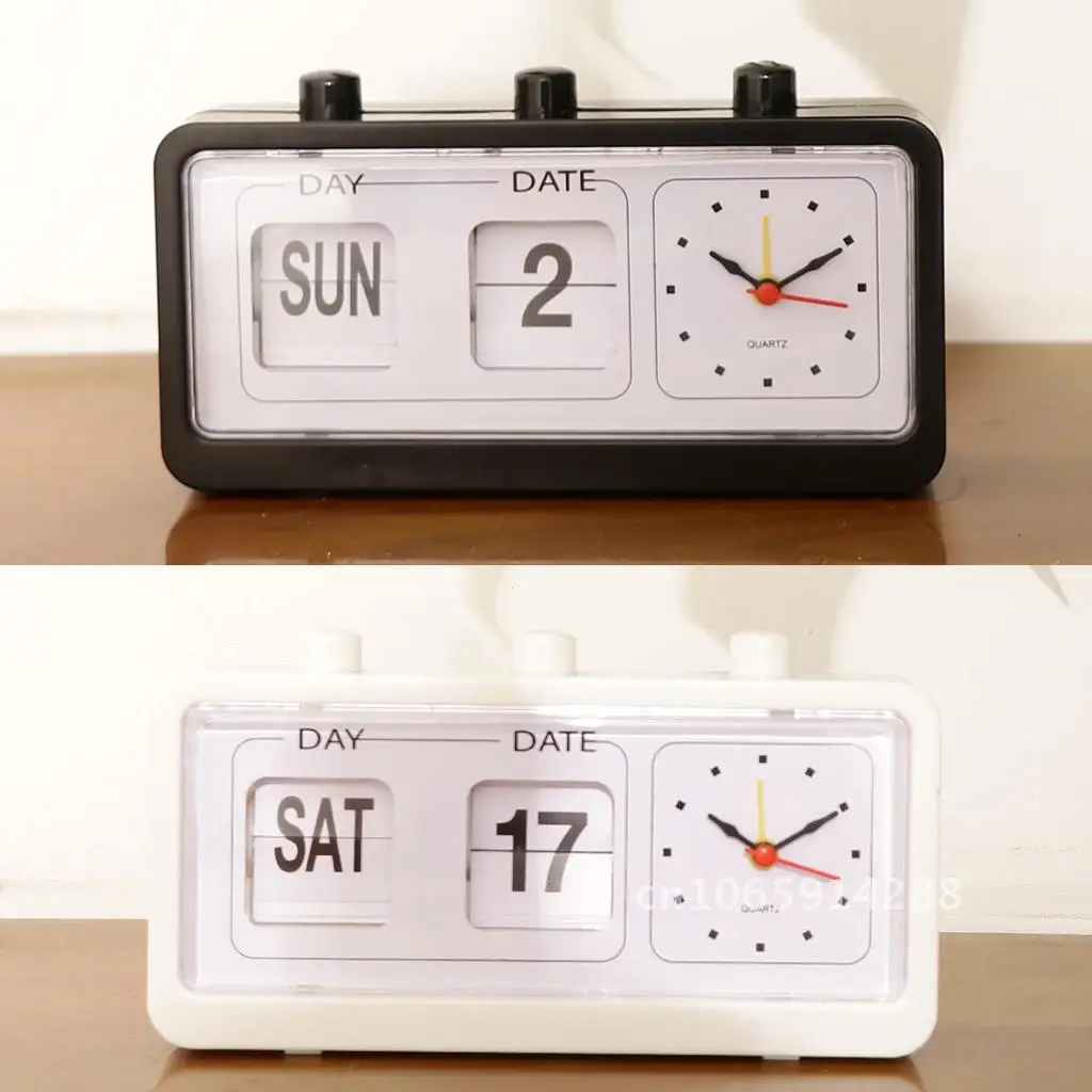 

Retro Table Auto with Clock Non-ticking Day Flip Clock Date Calendar Display