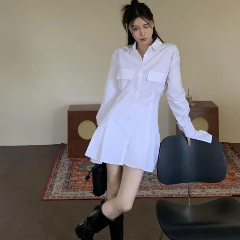 

Fashion Women Shirt Dress 2022 Autumn New Sweet Spicy Pleated Slim Waist White Casual Dress Long Sleeve Chic Chic Street Dresses