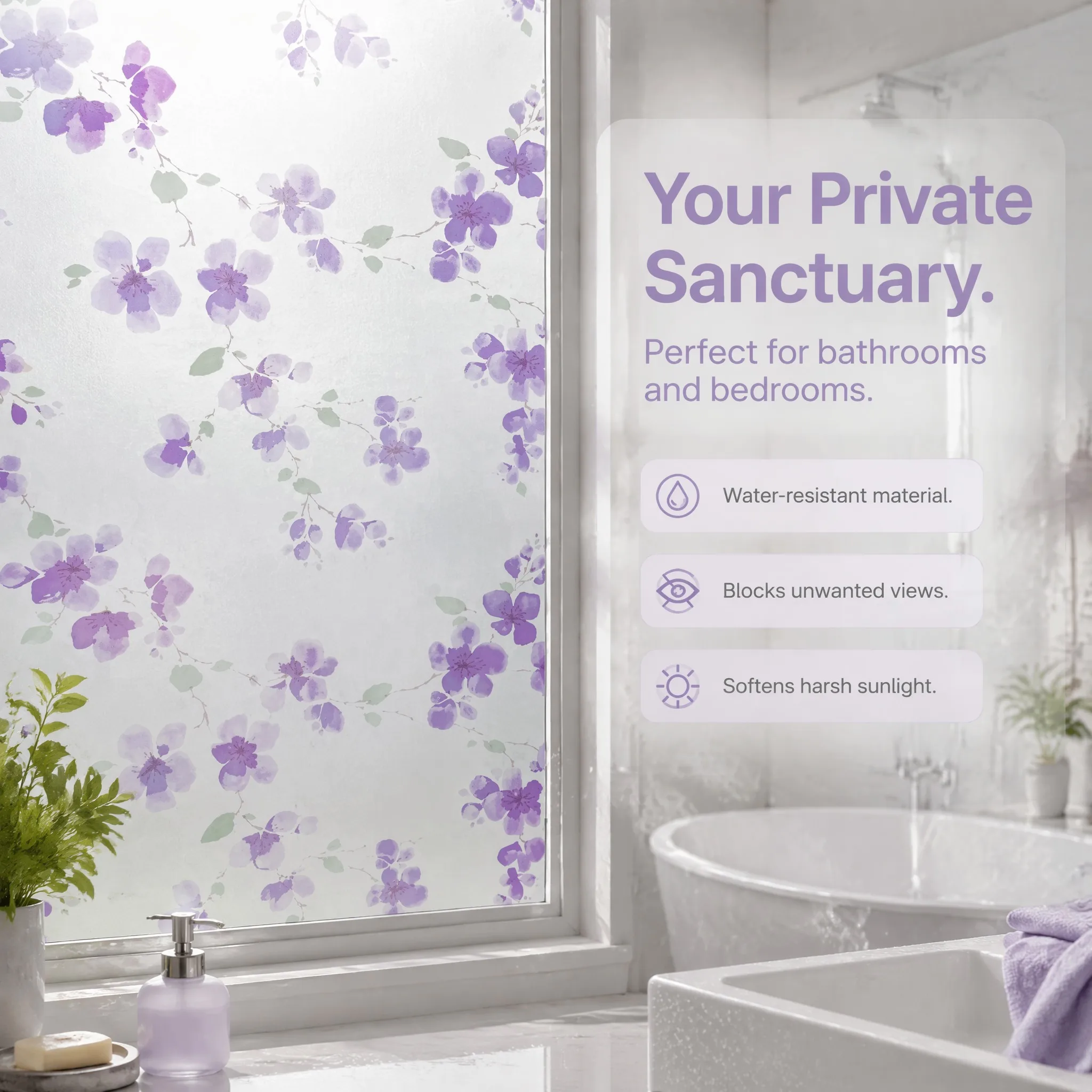 Purple Floral Pattern Self-Adhesive Frosted Window Film Privacy Decorative Film for Glass Doors And Windows view 2