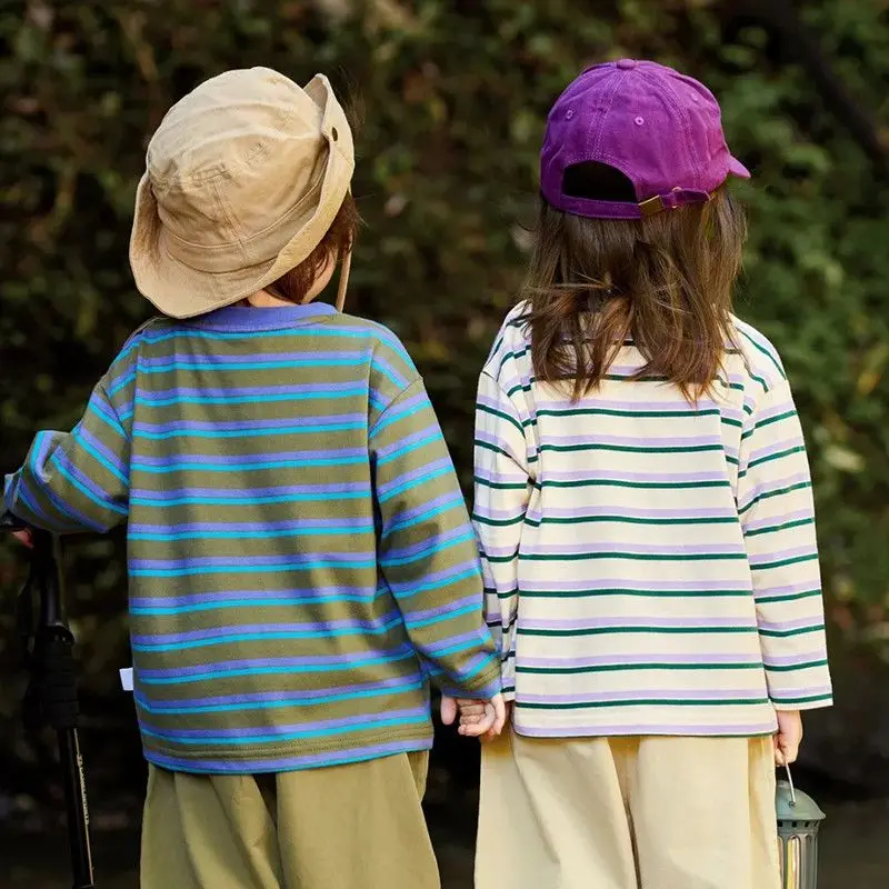 Children's Long Sleeve Pure Cotton T-shirt Versatile Stylish Boys Girls Striped Top Outdoor Comfortable Base Layer Kids Clothing