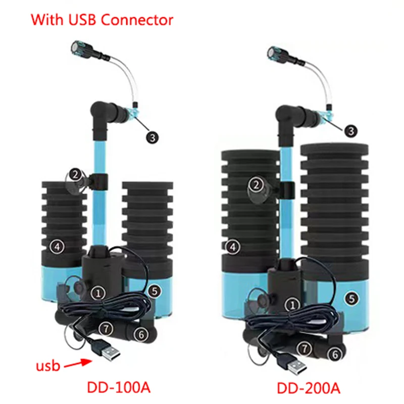 USB Aquarium Filter With Water Pump Electric For Fish Tank Air Pump Skimmer Biochemical Sponge Aquarium Bio Filter USB Connector