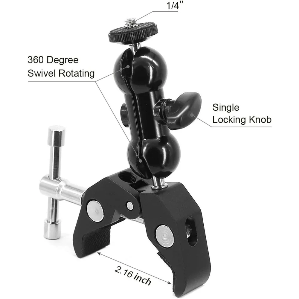 Metal Super Clamp Mount with Double Ball Head Magic Arm Clamp 1/4'' 3/8'' Hole for Mount DSLR Camera Monitor LED Light Mic