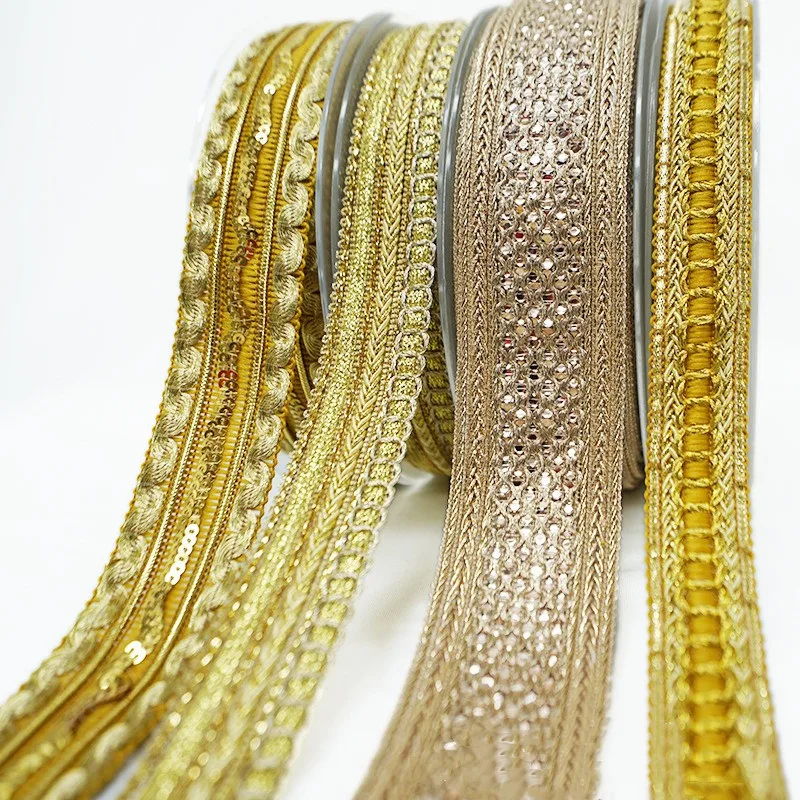 Gold Thread Lace Trim Ribbon Webbing, Ethnic Style Clothing Embroidery, Sequin Fabric, Jacquard Accessories, 1 Yards