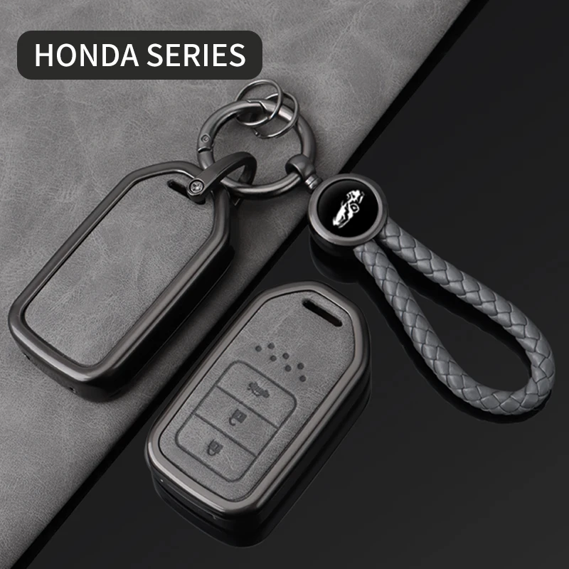 Leather Key Case with Keychain for Honda Vezel City Civic Jazz BRV HRV