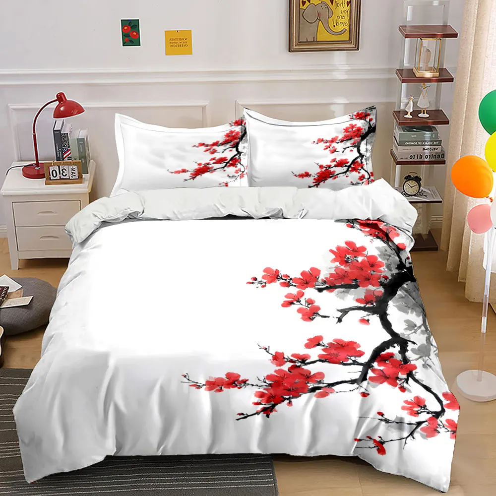 Elegant ink-painted red plum blossoms Bedding Set for Kids Luxury Gift 3pcs Digital Print Comforter Set Soft Comfortable