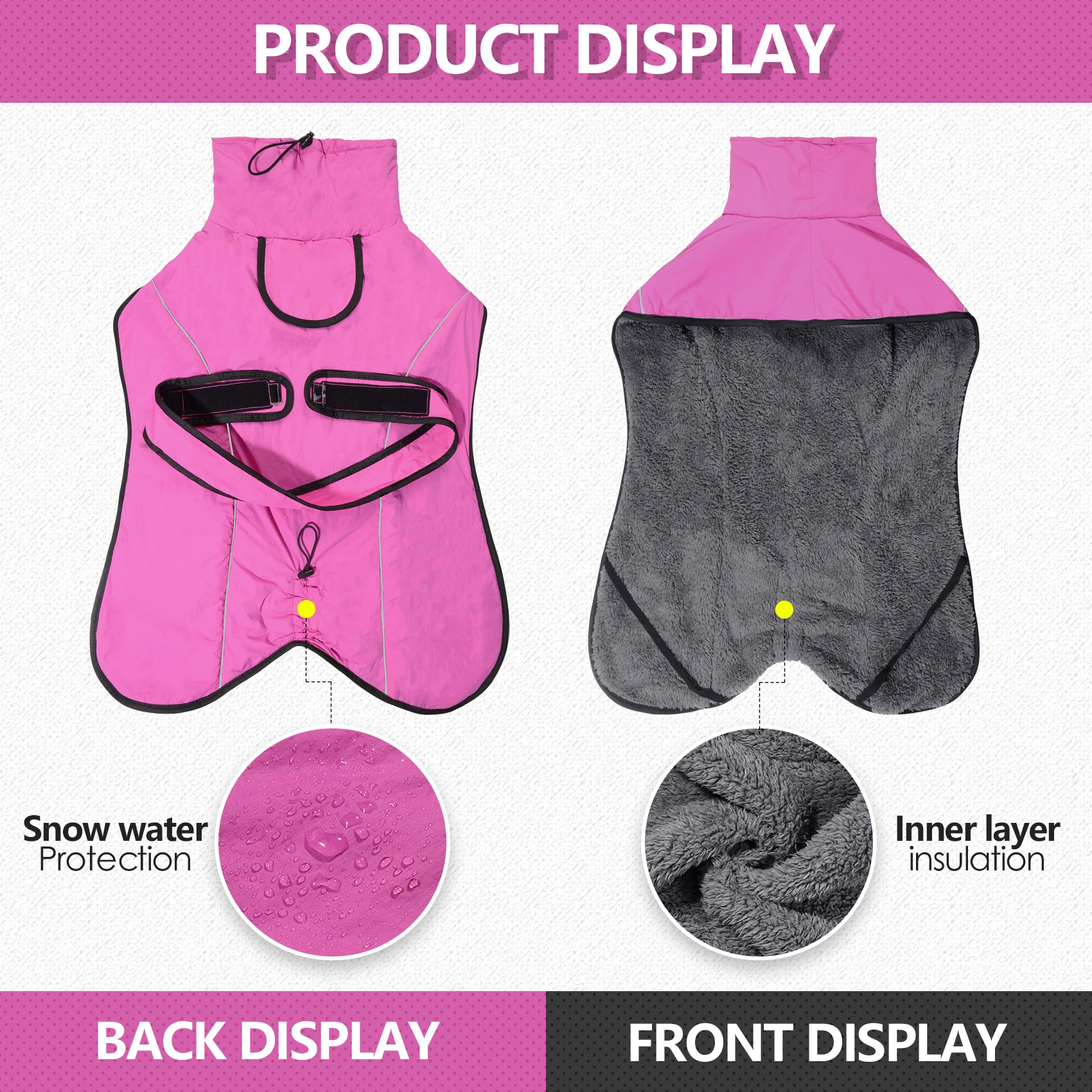 Water-Resistant Nylon Dog Winter Cape, Warm Fleece Lined Reflective Coat with Adjustable Belt, Rose Red / Navy Blue