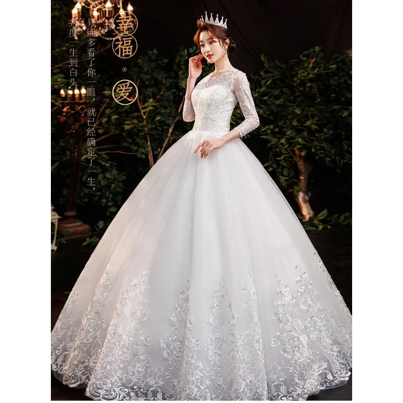 Vintage Frauen Weißes Hochzeitskleid Ballkleid Elegantes Dreiviertel-Musselin Spitze Stickerei Brautkleid Maßgeschneidertes Vestido De Noiva
