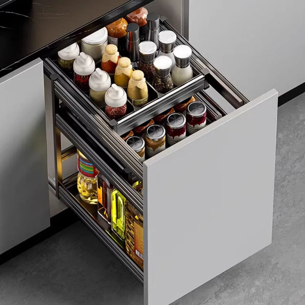 

Cabinet seasoning seasoning pull basket Extremely narrow drawer type all-aluminum double-layer storage Dish basket Oil drum