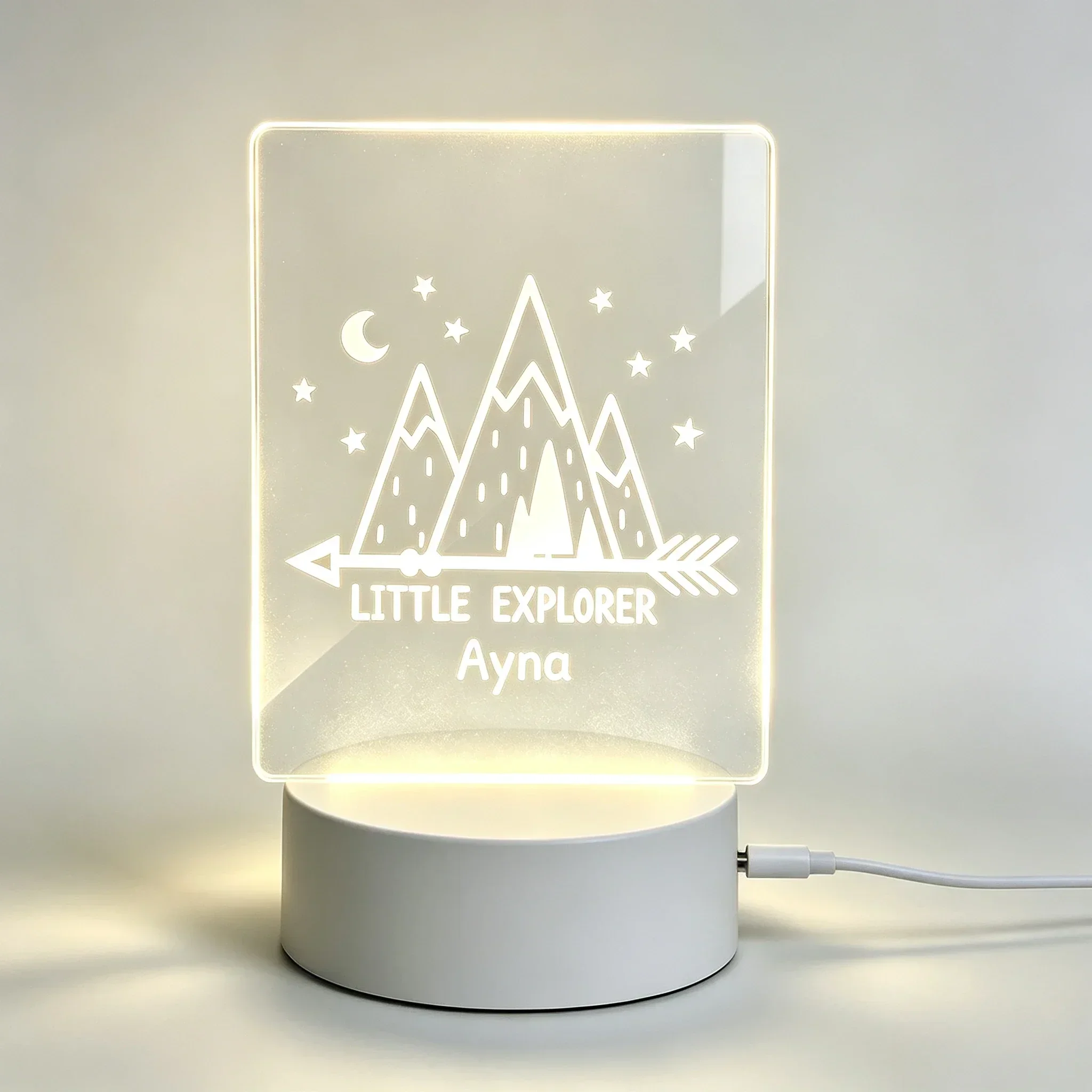Personalized Name Little Explorer Mountain Scenery Engraved Acrylic Lamp Boys Nursery Decor Nightlight