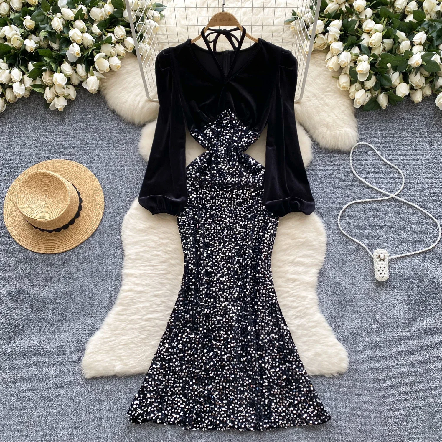 

Vintage Sequin Spliced Elegant Halter Bandage Chic Long Sleeve Slim Velvet Mermaid Dresses Korean Fashion Evening Women Clothing