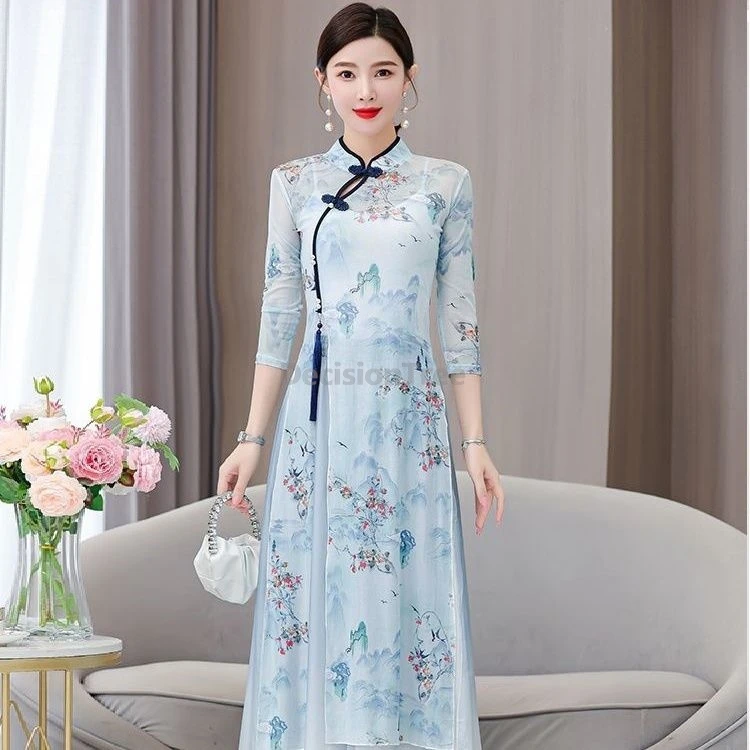 

2025 vintage trendy literature art printed aodao qipao improved ancient style dance qipao vietnam style stage performance dress