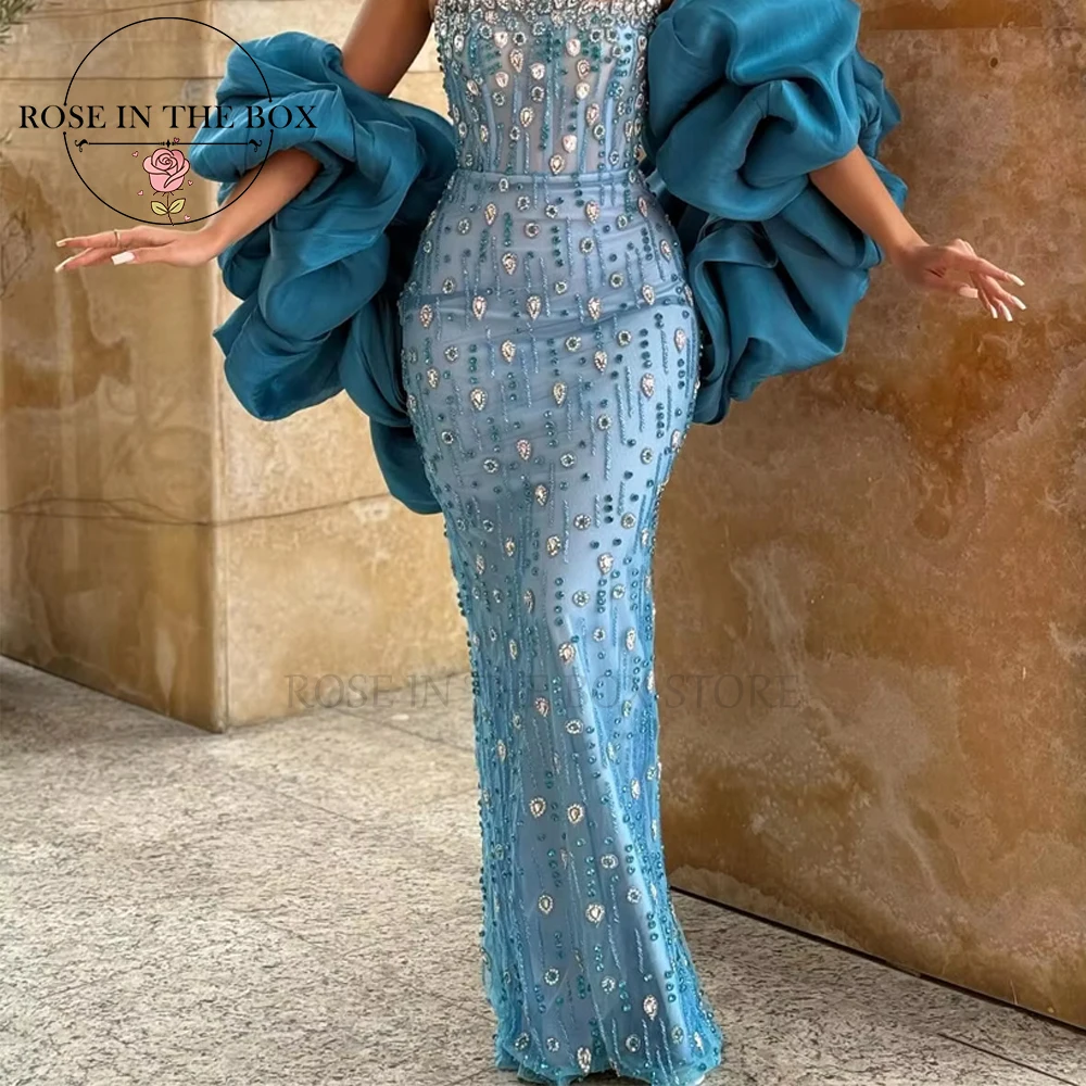 ROSEINTHEBOX カスタマイズされた華やかなティールストラップレスマーメイドイブニングドレスクリスタルフリル袖高級エレガントなパーティードレス