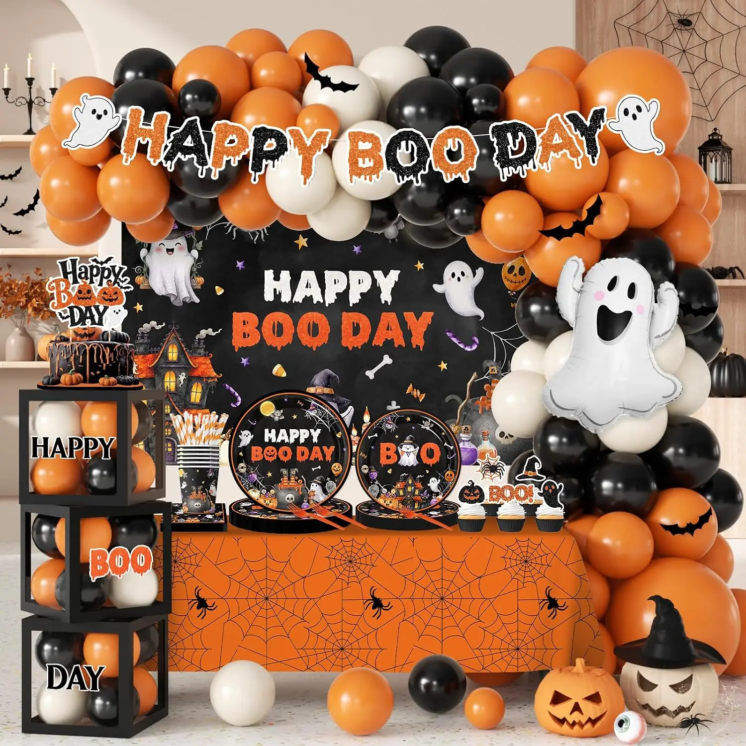 254Pcs Halloween Birthday Party Decorations, Happy Boo Day Decorations Kit with Happy Booday Banner Balloon Plates Napkins Cake Toppers and Stickers for Birthday Ghost Party