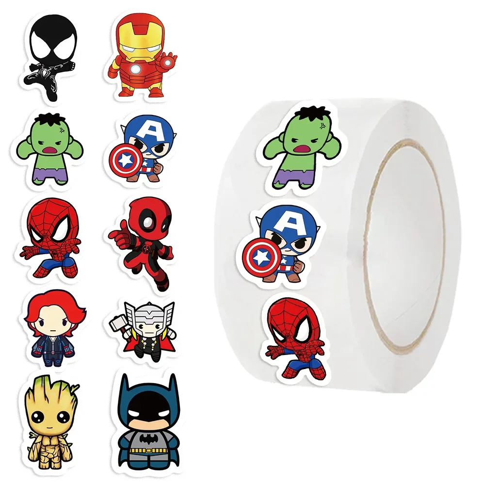500 uds/rollo de pegatinas de sellado de dibujos animados de superhéroes de Los Vengadores de Marvel, pegatinas de PVC para ordenador portátil, decoración, juguetes de regalo de recompensa