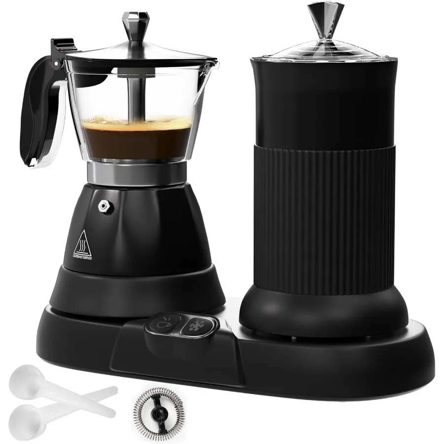 Electric Espresso Machine with Milk Frother 2 in 1 Efficient Moka Pot Coffee Maker Featuring Aluminum Construction and OneTouch