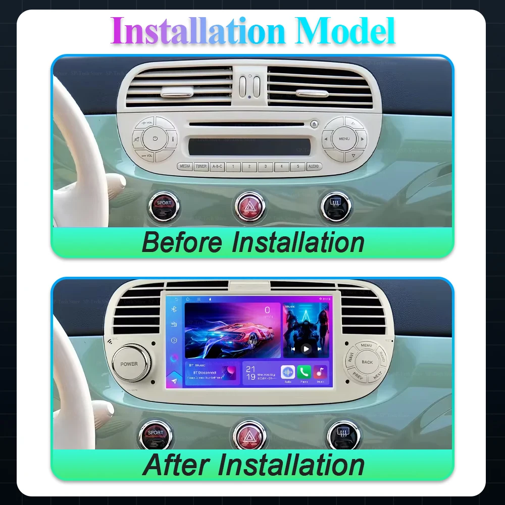 Android 16 For Fiat 500 2007-2015 Carplay Navigation Wireless Android Touch Screen Wifi Auto Multimedia Video Screen Audio Radio