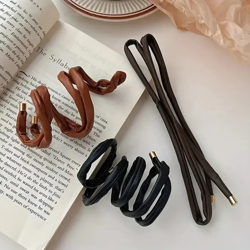 PU Leather Hair Rope Scrunchies Women Simple Long Wire Hair Ring Ties Braided Headband INS Ponytail Holder Hairpin Headdress