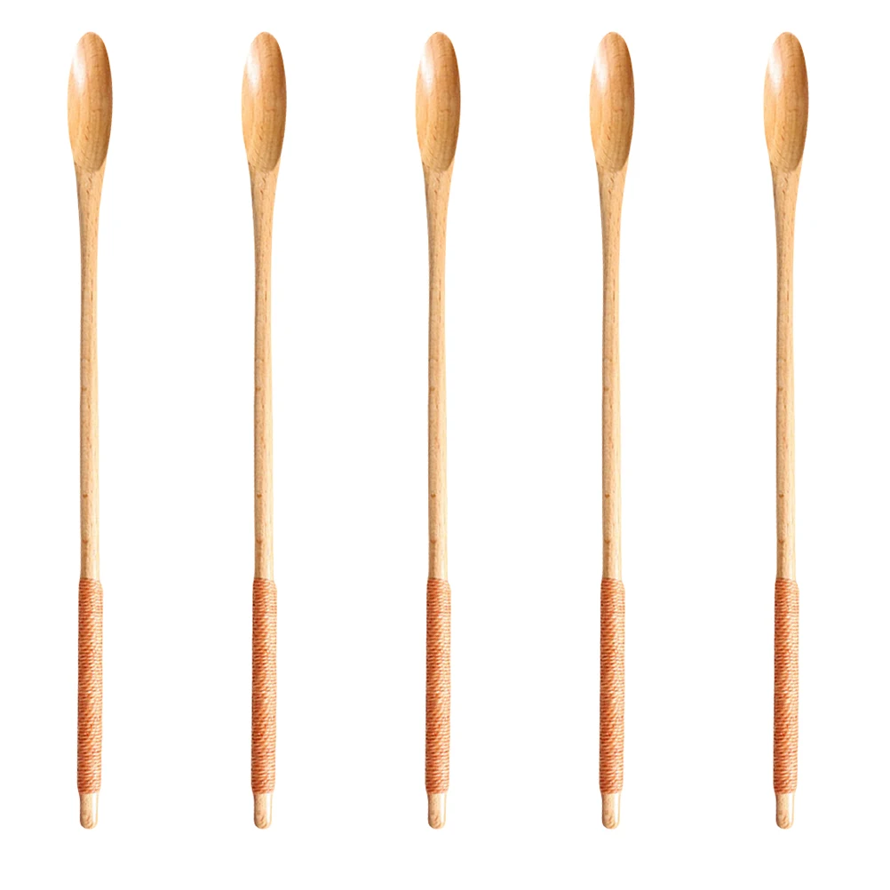 

5pcs Coffee Honey Spoons Wooden Long Handle Stirring Spoons For Honey Syrup Drink Mixing Wood Spoon Kitchen Bar Tool