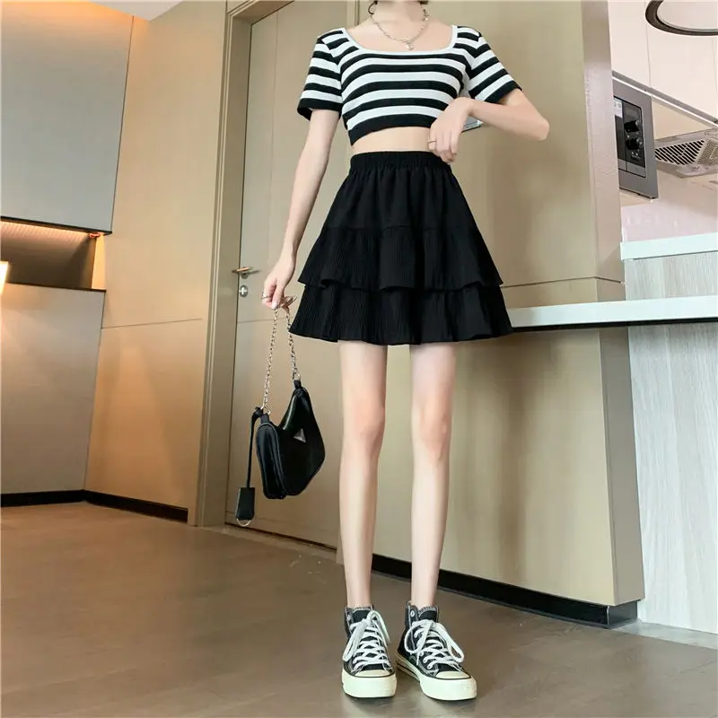 Fat Sister Cake Short Skirt Women's Elastic Waist High Waist Versatile Slimming A-line Umbrella Skirt Hundred Pleats Half Skirt