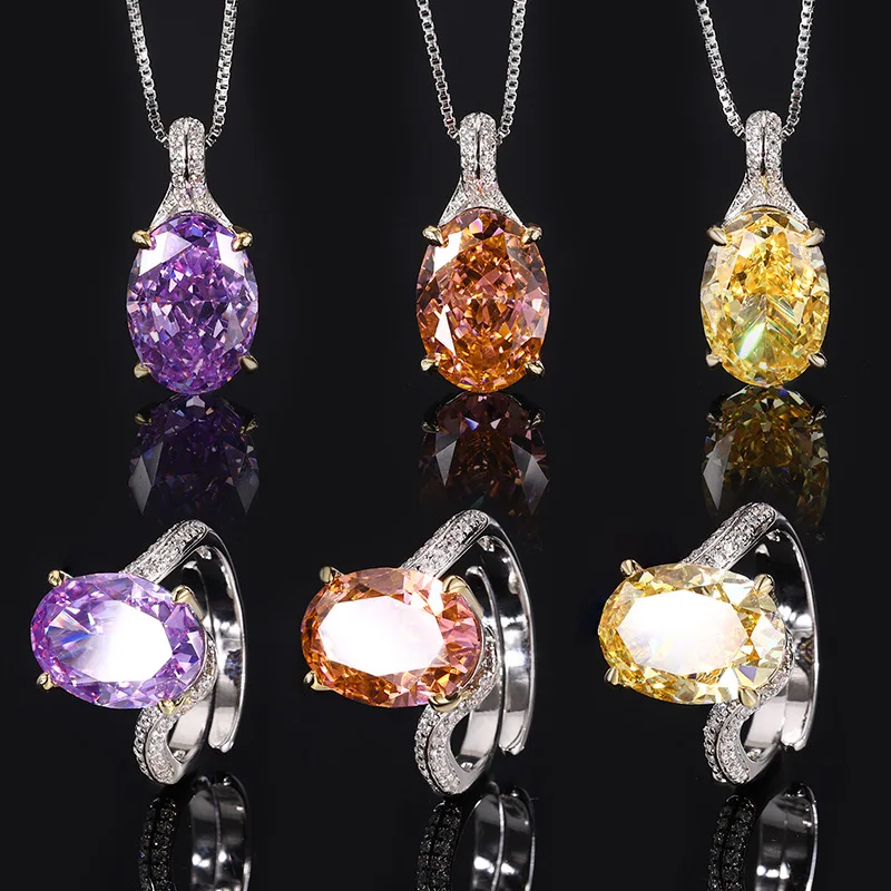 

Crushed Ice Cut Purple Yellow Orange-Pink Color High Carbon Diamond 5A Zircon Pendant Necklace Adjustable Ring Jewelry Set