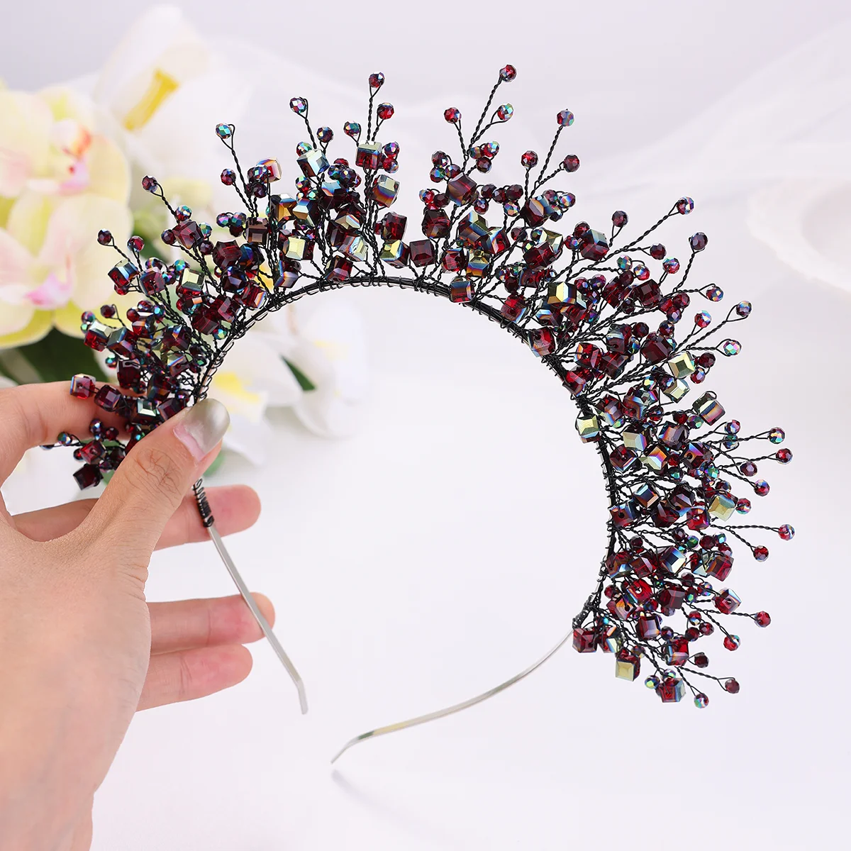 

Тиары ручной работы в стиле барокко с черными кристаллами и стразами, повязки на голову для невесты, женские свадебные аксессуары для волос, повязки для волос на Хэллоуин