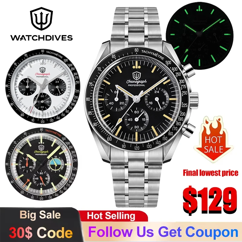 

Watchdives WD1863 Quartz Watch VK63 Chronograph Movement Sports Watch Bubble Sapphire 100m Waterproof Vintage Men's Wristwatch