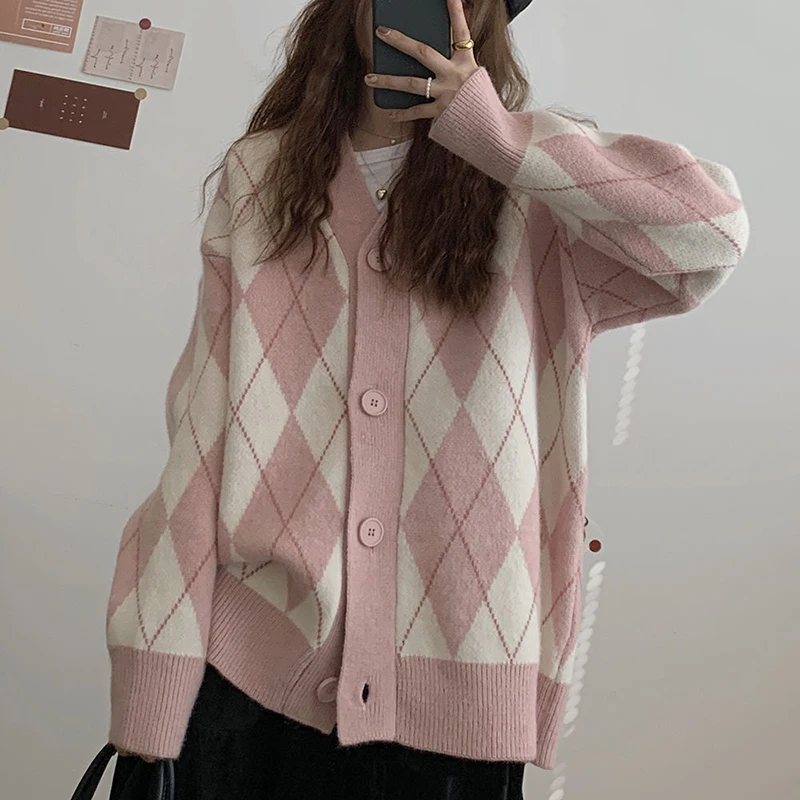 Korean Chic Plaid Cardigan Women Autumn Fashion Sweet Button Long Sleeve Knitted Jacket Patchwork Preppy Style Loose Coat Tops