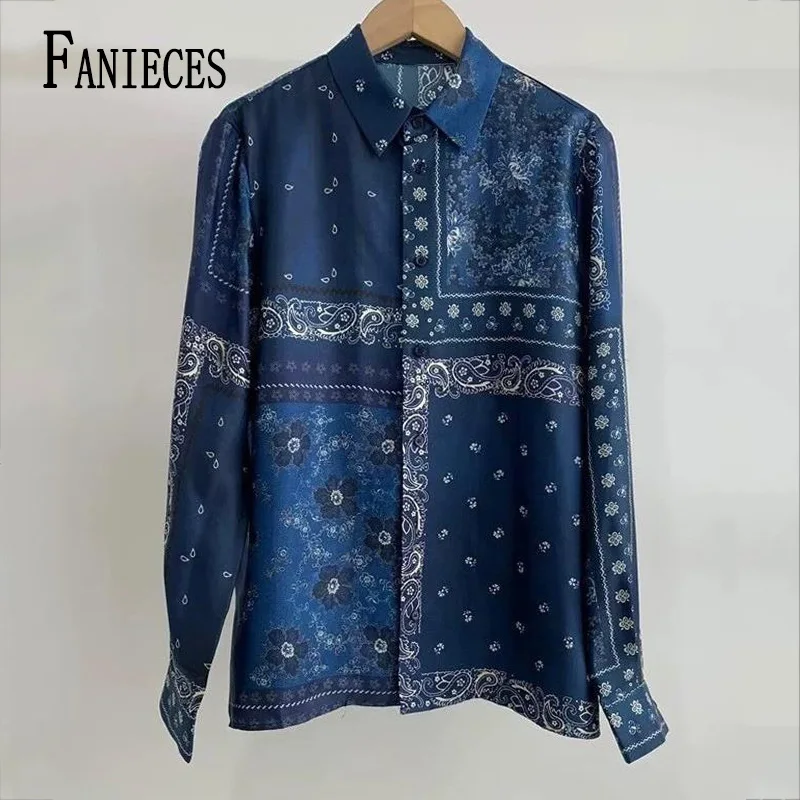 FANIECES S-4XL Office Lady Turn Down Collar Blue Print Shirt Lapel Tops Fashion Long Sleeve Blouse Casual Tops Vintage Clothes