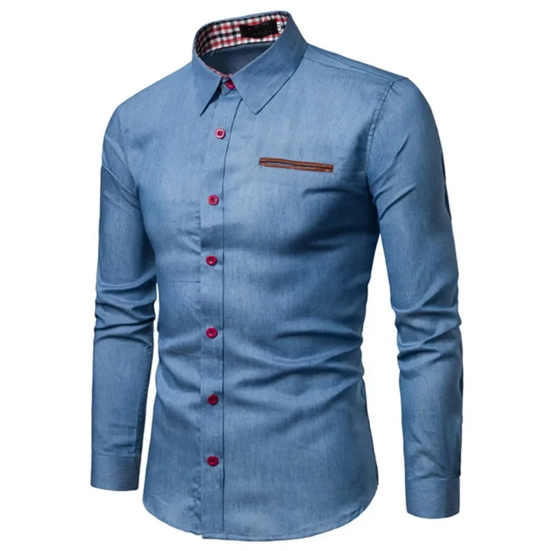 Casual Men's Long Sleeve Shirt Patchwork Pocket Denim Cotton Slim Fit Casual Shirt Smooths Your Silhouette Spring Autumn