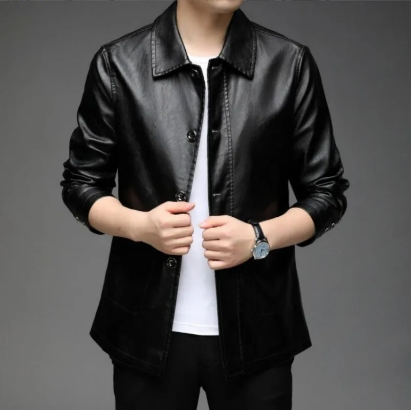 

Top Grade New Brand Designer Casual Fashion Brown Faux Pu Fashion Leather Jacket Men Biker Classic Coats Mens Clothing