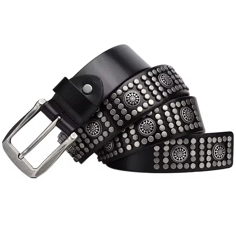 

3.8CM Rivet Punk Men Pin Buckle Belt High Quality Genuine Leather Personality Belt Luxury Gift For Men Hip Hop Male Strap