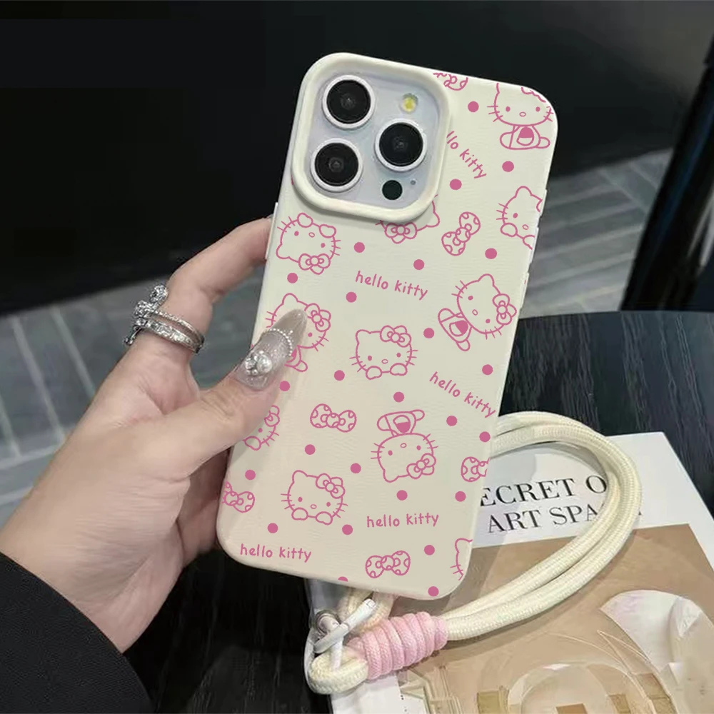 Capa de Celular Rosa Fofa Hello Kitty com Estampa de Lichia e Cordão para iPhone 16 Air 17 15 14 13 12 11 Pro Max XS X XR 7 8 Plus 13 15