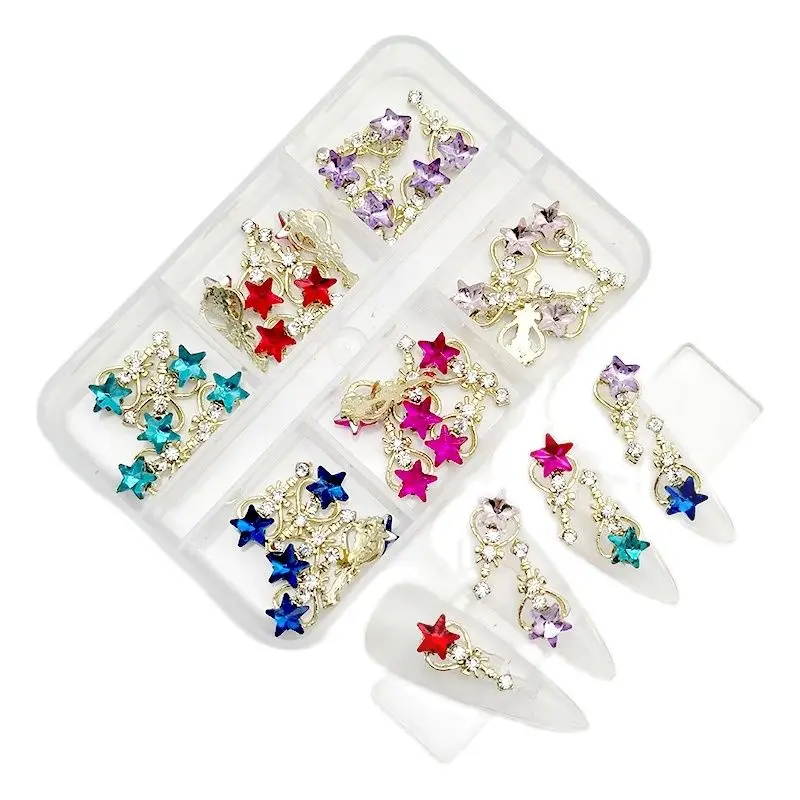 6 Gitter-Nagelsteine, Saturn-Planet-Kreuz-Nagelanhänger, luxuriöse Nagelteile, Diamant-Kristall-Nagelkunst-Dekorationszubehör