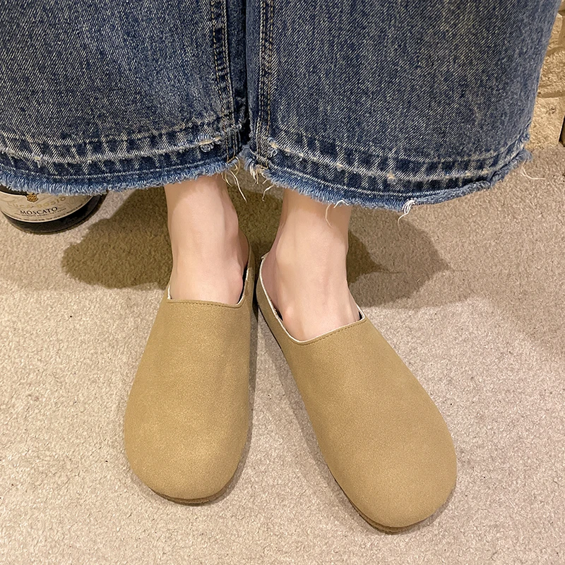 

New Women's Slippers Closed Toe Round Toe Suede Clogs Sandals Autumn New Retro Solid Color Flat Bottom Women's Slingback Shoes